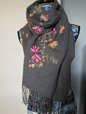 Grey Embroidered Floral Scarf